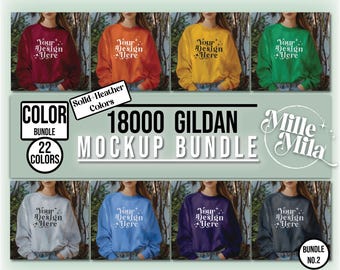 Puede incluir: Paquete de maquetas de 22 sudaderas Gildan 18000 en varios colores sólidos y jaspeado. Las sudaderas se muestran en modelos en una variedad de poses contra un fondo verde. El texto "COLOR BUNDLE 22 COLORS" y "18000 GILDAN MOCKUP BUNDLE" se muestra en la imagen. El texto "Your Design Here" está impreso en cada sudadera.