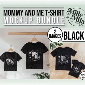 May include: Mockup of two black t-shirts with the text "Mille Mila" in a circle on the front. The shirts are hanging on hangers and are on a wooden surface. The text "2 IMAGES BLACK" is in a white rectangle at the top of the image.