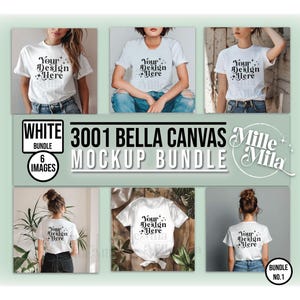 May include: A mockup bundle of six images featuring a white Bella Canvas 3001 t-shirt. The t-shirt is shown on different models in various poses. The text "Your Design Here" is printed on the t-shirt.
