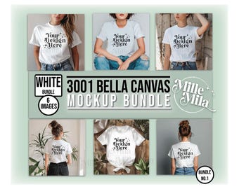 May include: A mockup bundle of six images featuring a white Bella Canvas 3001 t-shirt. The t-shirt is shown on different models in various poses. The text "Your Design Here" is printed on the t-shirt.