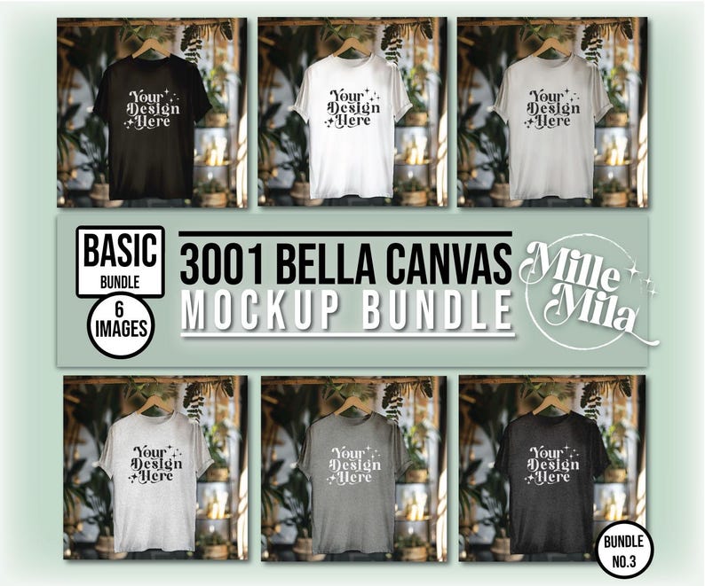 May include: A mockup bundle of six Bella Canvas 3001 t-shirts in various colors, including black, white, heather gray, and charcoal. The shirts are displayed on hangers in a rustic setting with greenery.