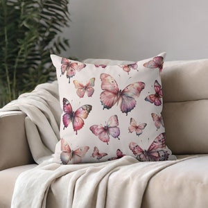Pink Butterfly Pillow Case, Butterfly Throw Pillow, Cottagecore Home Decor, Boho Bedroom Decor, Decorative Cushion for Couch, Square Cushion