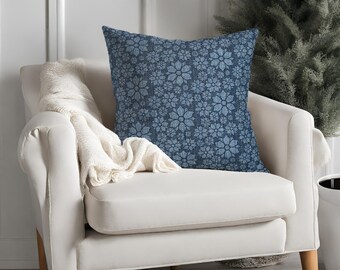 Denim Print Pillow, Denim Decor, Blue Throw Pillow for Couch, Floral Pillow, Farmhouse Decor, Spring Decor, Scatter Cushion, Square Cushion