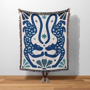 Boho Leopard Throw Blanket, Blue Tapestry Wall Hang, Leopard Print Blanket, Jacquard Cotton Blanket, Queen Bed Cover, Mystic Bedroom Decor