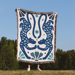 Boho Leopard Throw Blanket, Blue Tapestry Wall Hang, Leopard Print Blanket, Jacquard Cotton Blanket, Queen Bed Cover, Mystic Bedroom Decor