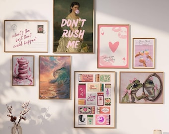 Dorm Room Wall Art, Coquette Preppy Print, Pink Girl Bedroom Decor, Maximalist Gallery Wall Art, Eclectic Gallery Wall Art Set Dorm Posters