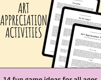 May include: Three black tablets display "Art Appreciation Activities" and instructions for art games. The text "14 fun game ideas for all ages" is at the bottom. The tablets are on a light pink background.
