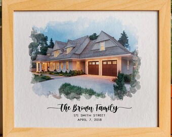 May include: A framed watercolor painting of a house with a light wood frame. The painting features a two-story house with a gray roof and brown garage doors. The text "The Brown Family" and address details are below the house.
