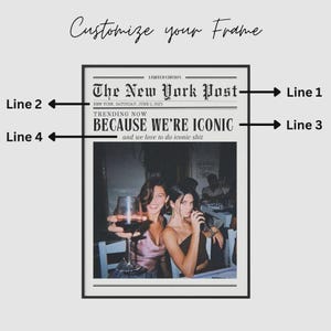 May include: Framed print featuring a newspaper-style design with the headline "BECAUSE WE'RE ICONIC." The print includes the text "The New York Post" and a date. The image below shows two women with drinks. The words "Customize your Frame" are at the top.