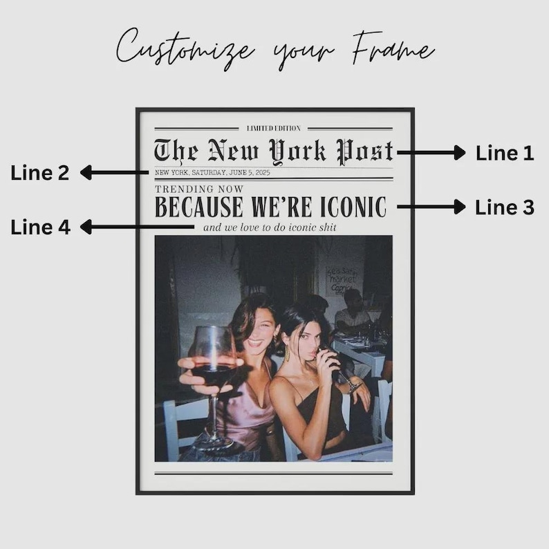 May include: Framed print featuring a newspaper-style design with the headline "BECAUSE WE'RE ICONIC." The print includes the text "The New York Post" and a date. The image below shows two women with drinks. The words "Customize your Frame" are at the top.