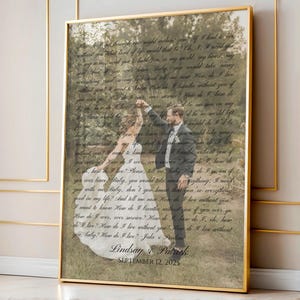 May include: A framed print with a gold border features a wedding photo of a couple dancing, overlaid with song lyrics. The names "Lindsay & Patrick" and the date "September 12, 2025" are at the bottom.