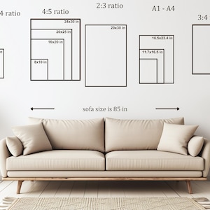 Pu&ograve; includere: Immagine che mostra varie dimensioni di stampa in pollici, tra cui 11x14, 24x30 e 20x30, con proporzioni come 11:14, 4:5, 2:3, A1-A4 e 3:4. Sotto le stampe c'&egrave; un divano beige, con la scritta "sofa size is 85 in" (216 cm).
