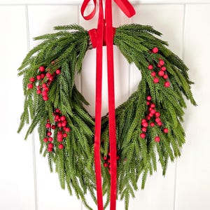 Cascading Norfolk Pine Christmas Wreath: Red Berry Holiday Door Decor, Holiday Kitchen Wall Decor, Seasonal Hostess Gift, Housewarming Gift