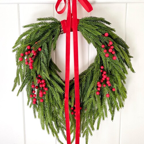 Cascading Norfolk Pine Christmas Wreath: Red Berry Holiday Door Decor, Holiday Kitchen Wall Decor, Seasonal Hostess Gift, Housewarming Gift