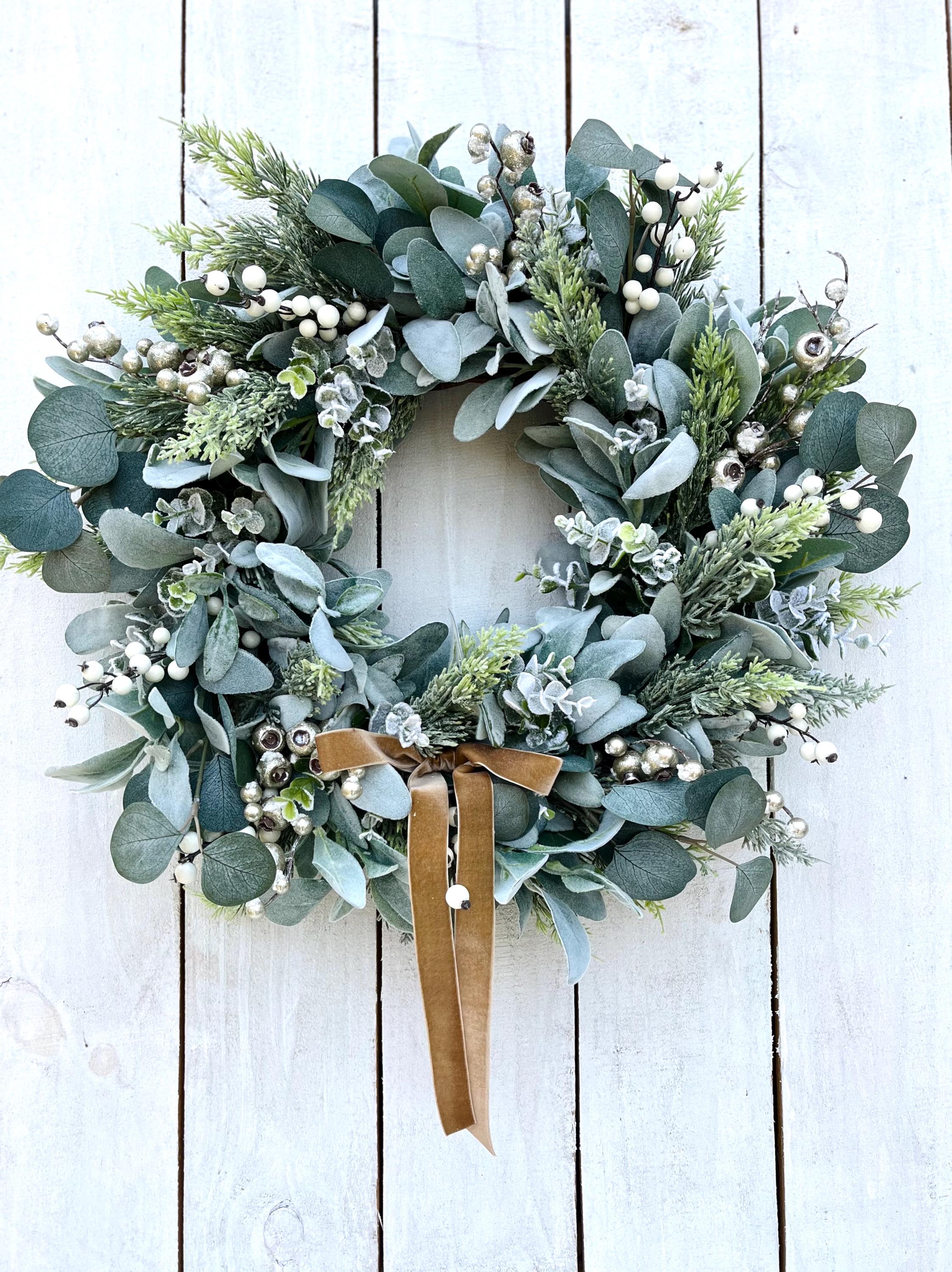Winter Lambs Ear Wreath for Front Door, Frosted Eucalyptus Berry…