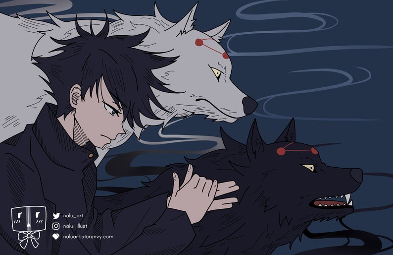 May include: A young person with black hair and a black jacket is surrounded by two wolves. One wolf is white with red markings on its forehead, and the other wolf is black with red markings on its forehead. The background is a dark blue with white swirls.