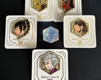 May include: Five gold-colored enamel pins featuring characters from the video game Baldur's Gate III. The pins are displayed on white card stock with the game's logo and title. A blue and white iridescent dice is in the center of the image.