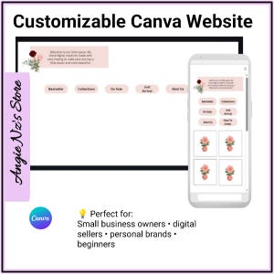 May include: A digital template for a customizable Canva website featuring a desktop and mobile interface layout. The design includes soft pink navigation buttons, floral graphics, and the text Angie Nz's Store, Customizable Canva Website.