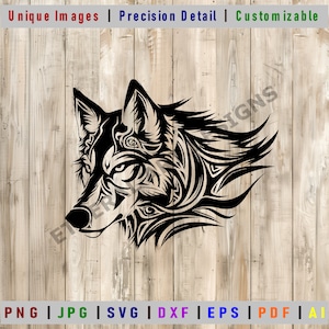 Puede incluir: Silueta en blanco y negro de la cabeza de un lobo con intrincados diseños tribales. La cabeza del lobo está mirando hacia la derecha y tiene una expresión feroz.