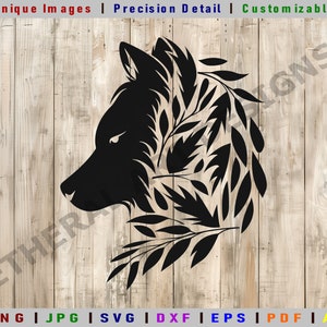 May include: Black wolf head silhouette with floral accents. The design features a detailed profile of a wolf's head, integrated with leaf-like patterns. The image is set against a light wood grain background, with text at the top and bottom.