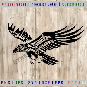 May include: Black and white tribal style eagle design. The eagle is in flight with its wings spread wide. The design is intricate and detailed.