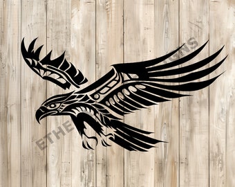 May include: Black and white tribal style eagle design. The eagle is in flight with its wings spread wide. The design is intricate and detailed.