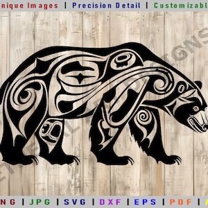 Puede incluir: Silueta en blanco y negro de un oso con intrincados patrones de estilo tribal. El oso camina hacia la derecha y su cabeza está girada hacia un lado.