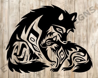 May include: Black and white silhouette of a wolf and a wolf pup, with a tribal design pattern. The wolf is curled around the pup, with its head resting on the pup's back.