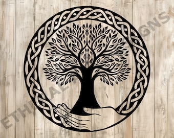 May include: Black and white silhouette of a tree of life with a Celtic knot design around it. The tree is rooted in two hands, symbolizing growth and protection.