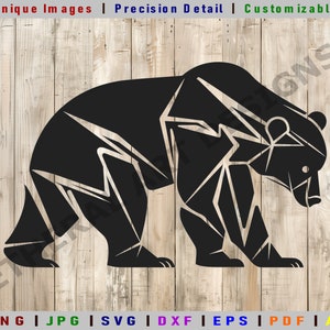 May include: Black and white geometric bear silhouette. The bear is walking with its head turned to the side. The image is on a woodgrain background.