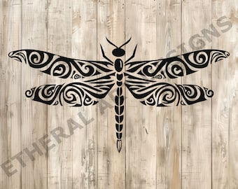 May include: Black and white tribal style dragonfly design. The dragonfly is detailed with intricate swirls and patterns.