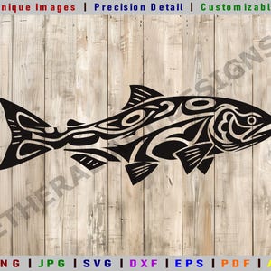 May include: Black and white silhouette of a stylised salmon fish with tribal-inspired patterns. The fish is facing right and has a detailed design.