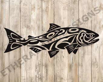 May include: Black and white silhouette of a stylized salmon fish with tribal-inspired patterns. The fish is facing right and has a detailed design.