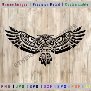 May include: A black and white tribal design of an owl with its wings spread out. The owl is facing forward with its eyes open. The design is intricate and detailed.