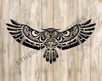 May include: Black and white tribal design of an owl with its wings spread out. The owl is facing forward with its eyes open. The design is intricate and detailed.
