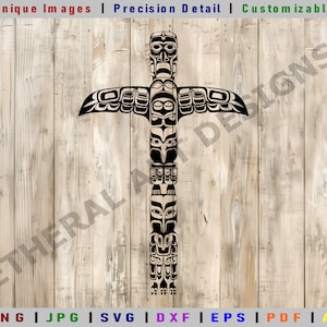 May include: Black and white silhouette of a Native American totem pole with a bird on top. The totem pole is carved with various animal faces and designs. The image is set against a wood grain background.