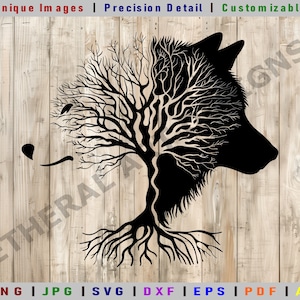 May include: Black silhouette of a wolf's head with a tree growing out of it. The tree has branches and roots. The image is on a woodgrain background.