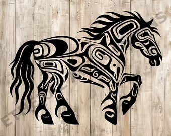 May include: Black and white silhouette of a horse with a tribal design. The horse is in a running pose with its head turned to the side.