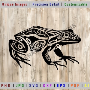 May include: Black and white silhouette of a frog with intricate tribal patterns. The frog is facing right and has a long tongue.