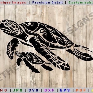 May include: Black and white silhouette of two sea turtles, one larger than the other, with intricate tribal patterns on their shells. The turtles are swimming in the same direction.