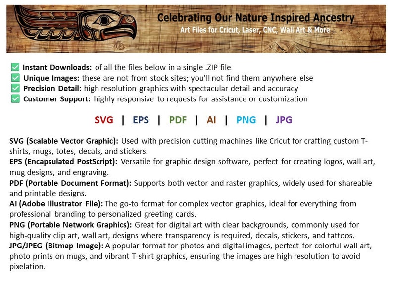 Puede incluir: Un gr&aacute;fico con un dise&ntilde;o inspirado en la naturaleza, que presenta un p&aacute;jaro estilizado con un pico rojo y plumas marrones. El gr&aacute;fico est&aacute; acompa&ntilde;ado de texto que dice "Celebrating Our Nature Inspired Ancestry" y "Art Files for Cricut, Laser, CNC, Wall Art & More". Debajo del gr&aacute;fico, se presenta una lista de tipos de archivos: SVG, EPS, PDF, AI, PNG y JPG. Cada tipo de archivo se describe con su prop&oacute;sito y usos.