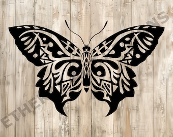 May include: Black and white silhouette of a butterfly with intricate patterns on its wings.