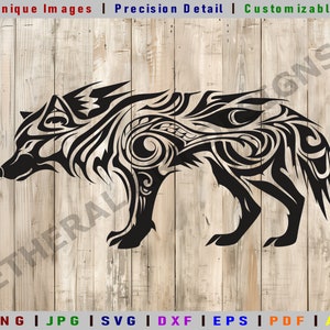 Puede incluir: Un diseño de lobo tribal negro con patrones intrincados, sobre un fondo de vetas de madera clara. La imagen incluye el texto "Unique Images | Precision Detail | Customizable" y opciones de tipo de archivo: PNG, JPG, SVG, DXF, EPS, PDF y AI.