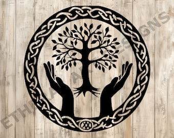 May include: Black and white silhouette of a tree of life with roots and branches, surrounded by a Celtic knot design. Two hands are holding the tree, symbolizing protection and growth.
