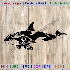 May include: Black and white silhouette of an orca whale with tribal-inspired patterns. The orca is swimming to the right. The image is set against a woodgrain background.