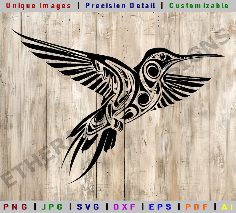 Puede incluir: Dise&ntilde;o de silueta de colibr&iacute; de estilo tribal en blanco y negro. El colibr&iacute; est&aacute; en vuelo con las alas extendidas.
