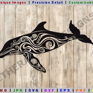 Peut inclure: Silhouette noire et blanche d'un dauphin avec des motifs en spirale complexes, ressemblant à des vagues et des coquillages, sur un fond en bois.