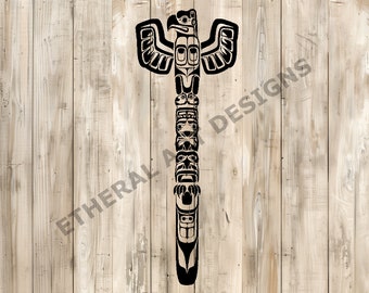 May include: Black and white silhouette of a Native American totem pole with a bird at the top. The pole is decorated with various animal figures and geometric patterns.