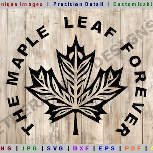 Puede incluir: Diseño gráfico en blanco y negro de una hoja de arce con el texto "The Maple Leaf Forever" en un círculo a su alrededor.