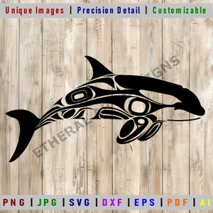 May include: Black and white digital illustration of an orca whale with a stylized, geometric pattern. The orca is swimming to the right.